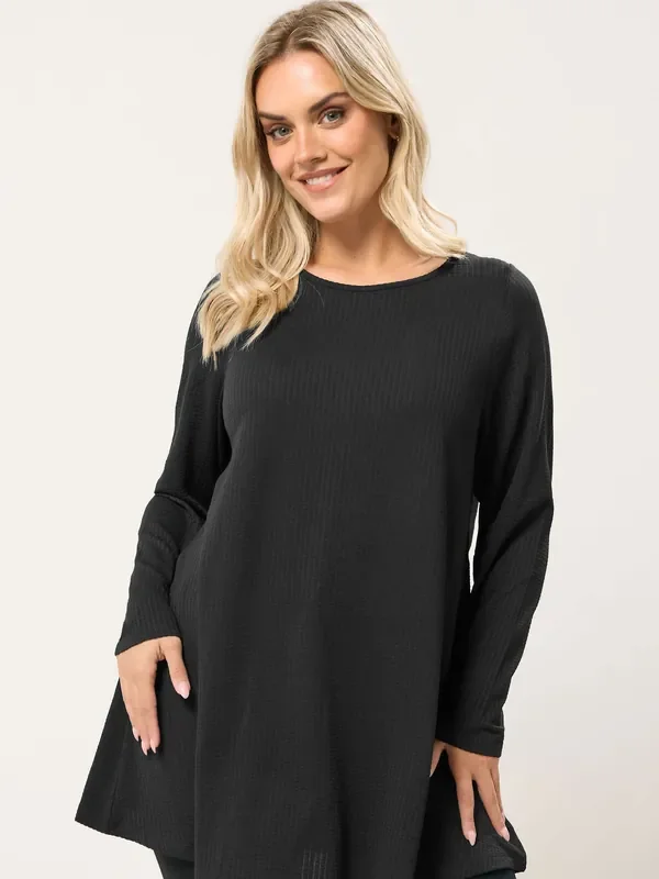 Yours Curve Black Long Sleeve Ribbed Top