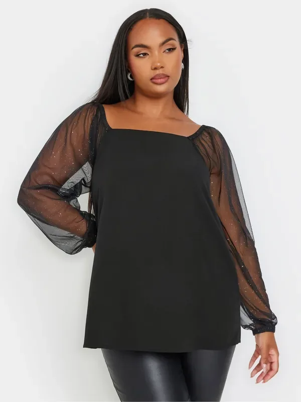 Yours Curve Black Mesh Glitter Sleeve Top
