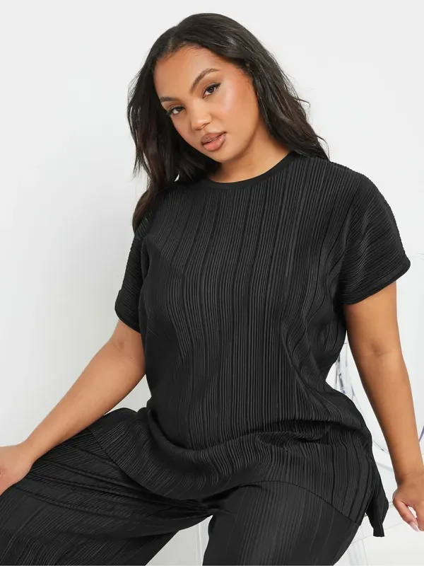 Yours Curve Black Plisse Grown Co-ord T-Shirt