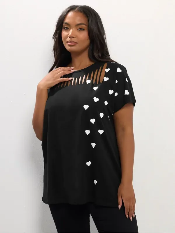 Yours Curve Black Printed Heart Slash Top