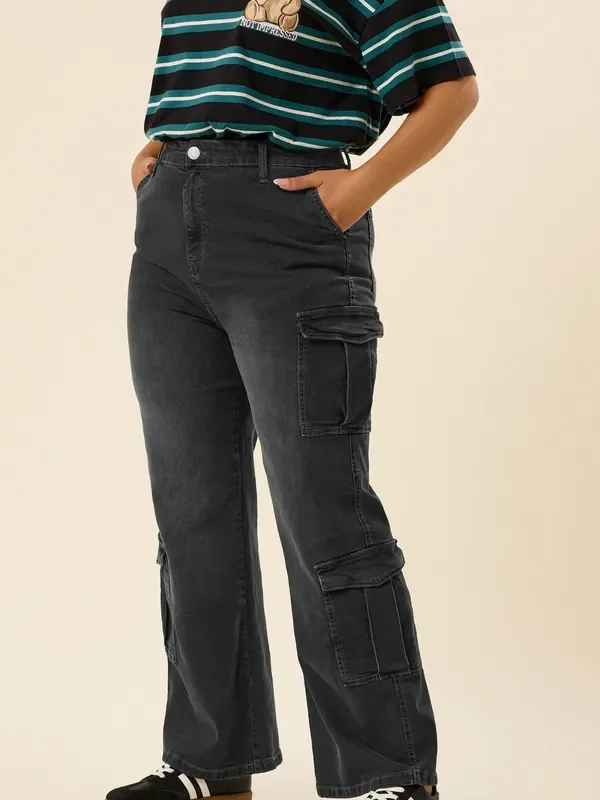 Yours Curve Black Sandblasted Cargo Jeans