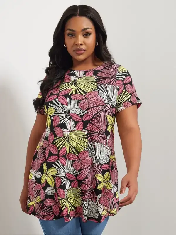 Yours Curve Black Soft Touch Tropical Print T-Shirt