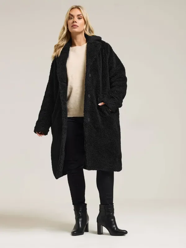 Yours Curve Black Teddy Midi Coat