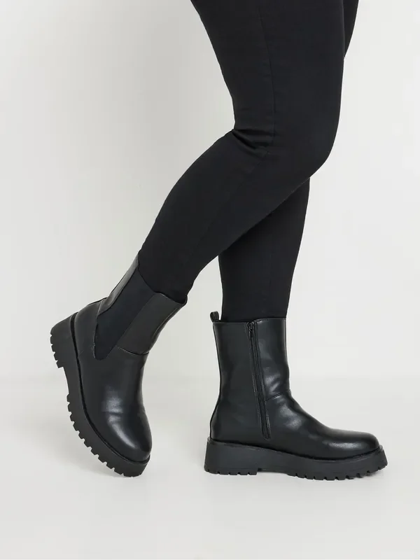 Yours Curve Black Wide Fit Faux Leather Chunky Wedge Chelsea Boots