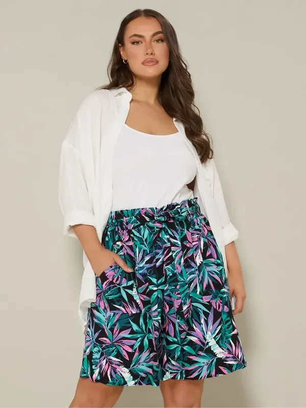 Yours Curve Black Woven Paperbag Waist Shorts