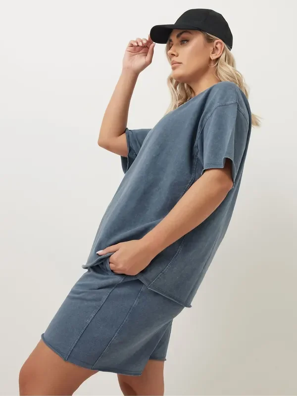 Yours Curve Blue 100% Cotton Acid Wash T-Shirt