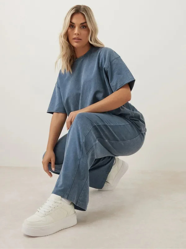 Yours Curve Blue 100% Cotton Acid Wash Wide Leg Joggers