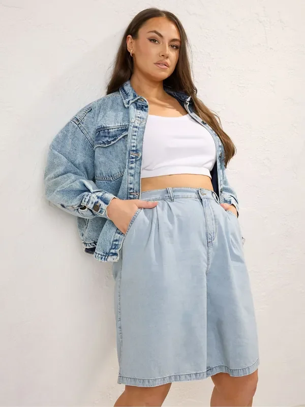 Yours Curve Blue 100% Cotton Bermuda Denim Shorts