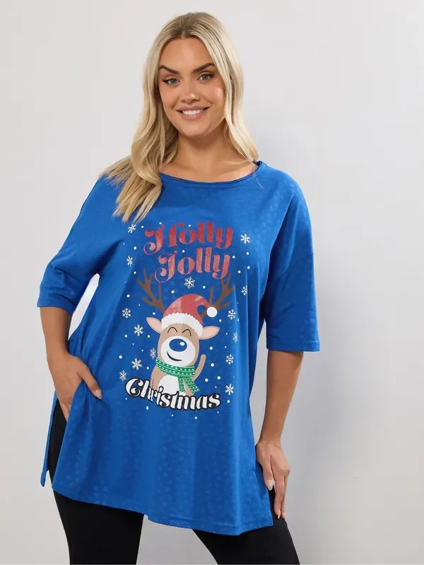 Yours Curve Blue Christmas Holly Jolly Top