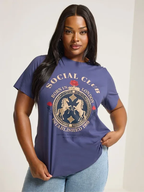 Yours Curve Blue Social Placement Set In Sleeve T-Shirt
