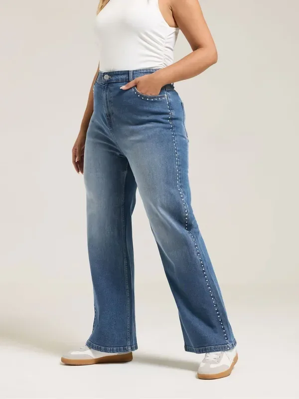 Yours Curve Blue Wide Fit Stud Detail Wide Leg Jeans