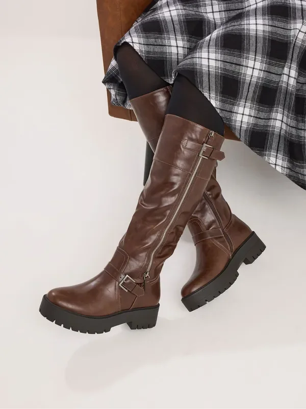 Yours Curve Brown Buckle Detail Knee High Boots
