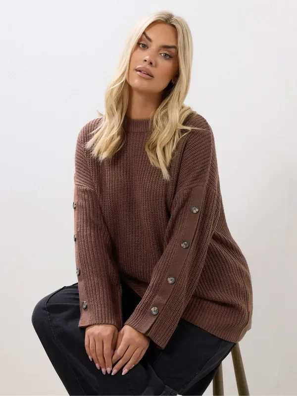 Yours Curve Brown Button Sleeve Jumper
