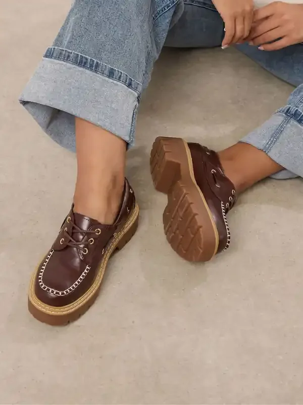 Yours Curve Brown Extra Wide Fit Chunky Lace Up Boat Shoes