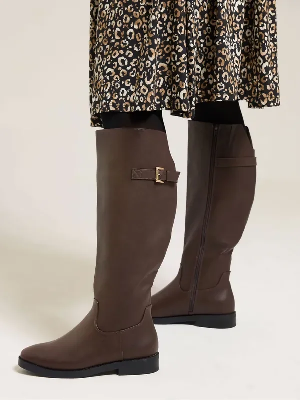 Yours Curve Brown Extra-Wide Fit Metal Buckle Rider Boots
