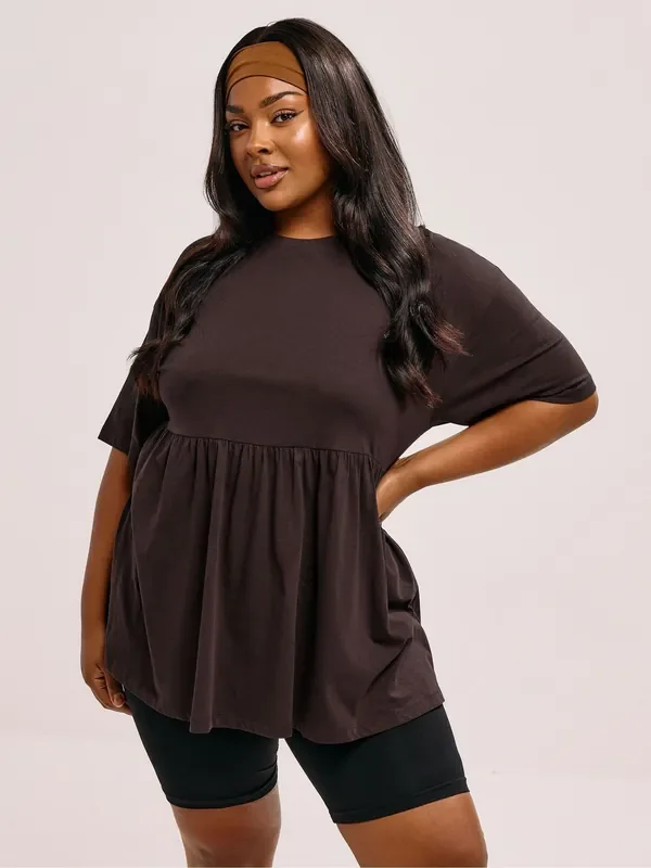 Yours Curve Brown Peplum Cotton Short Sleeve Top