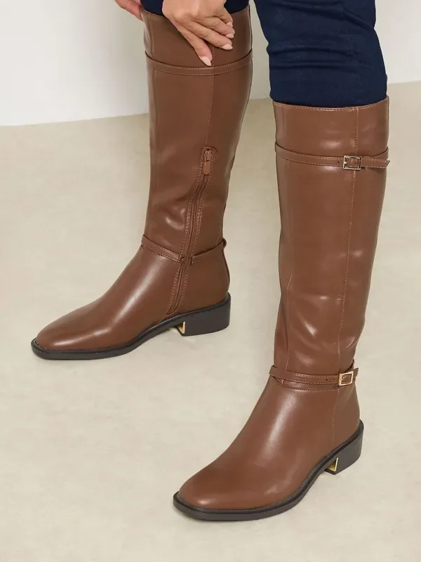 Yours Curve Brown Snaffle Trim Riding Boots