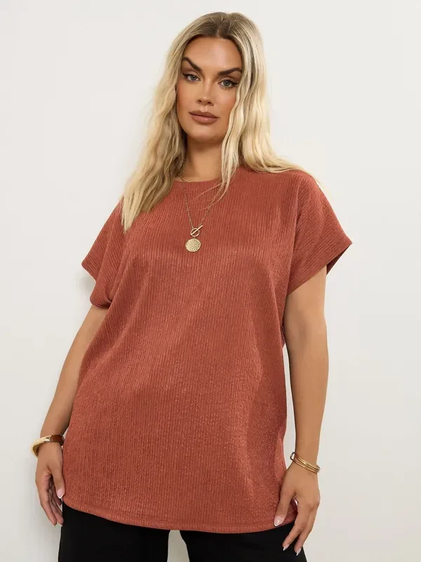 Yours Curve Brown Textured Grown On Sleeve T-Shirt