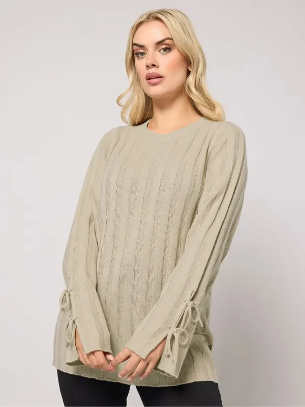 Yours Curve Brown Tie Up Sleeve Jumper