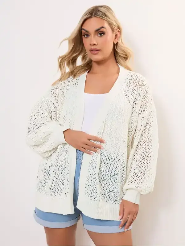 Yours Curve Cream Diamond Stitch Balloon Cardigan