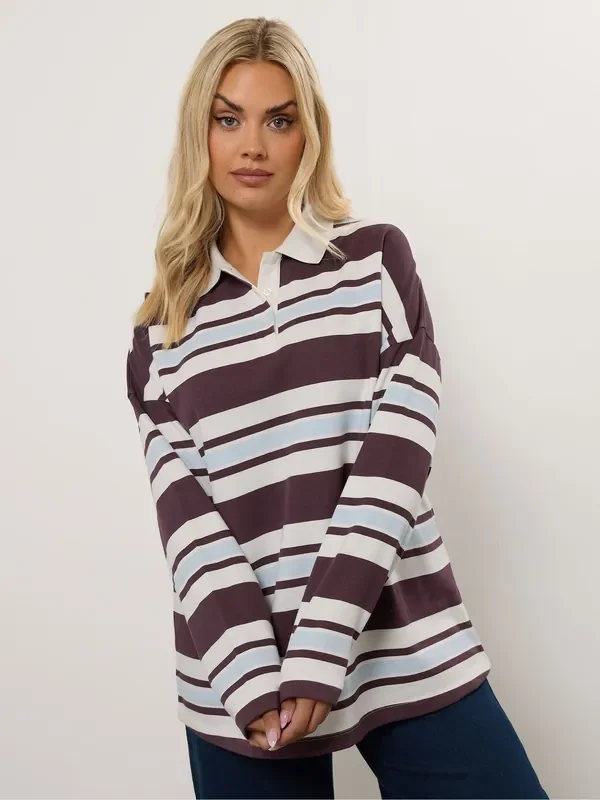 Yours Curve Cream Stripe Rugby Top