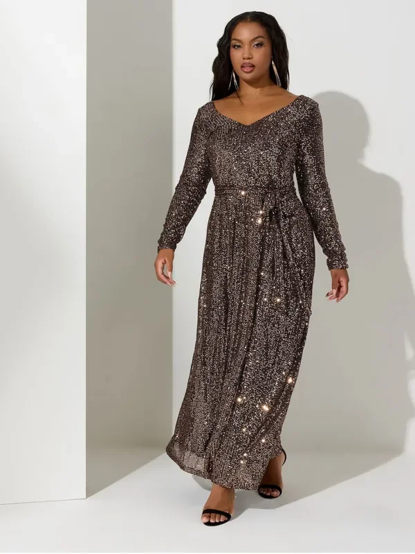 Yours Curve Gold London Sequin V-Neck Long Sleeve Maxi Dress