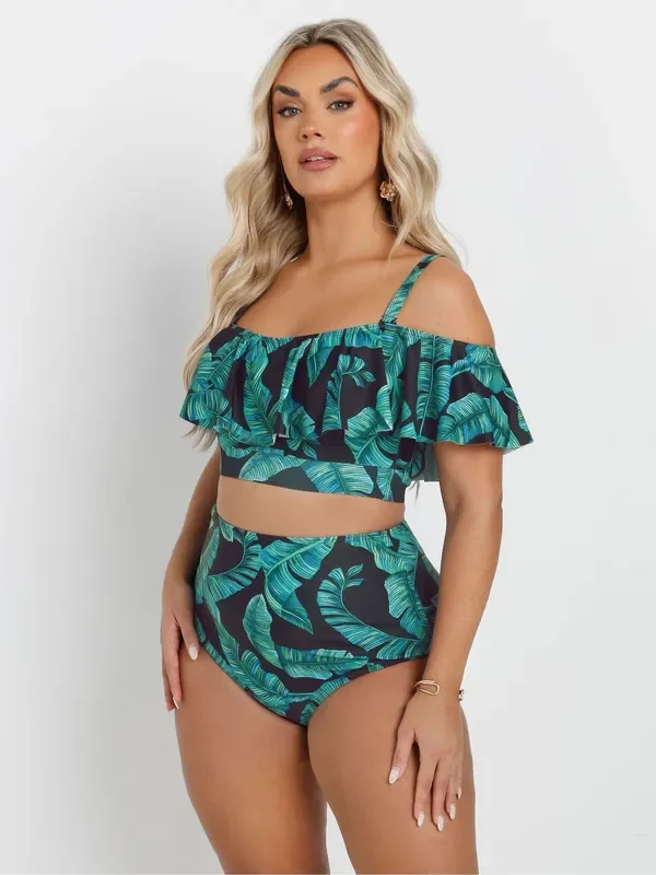 Yours Curve Green Bardot Frill Bikini Top