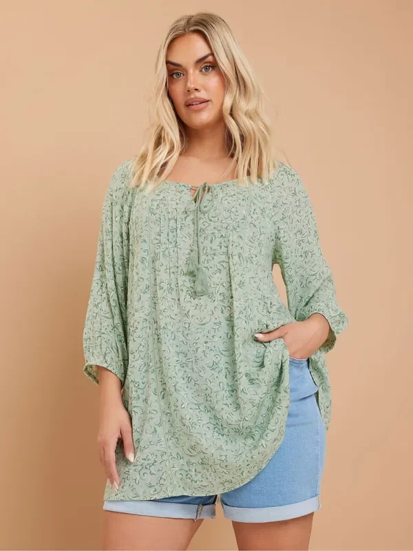 Yours Curve Green Boho Long Sleeve Blouse