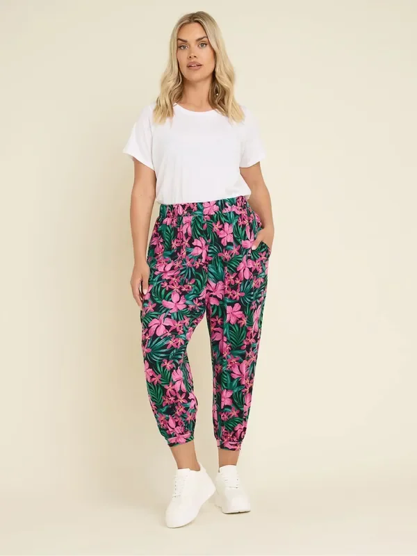 Yours Curve Green Bolt Jersey Crop Harem Trousers