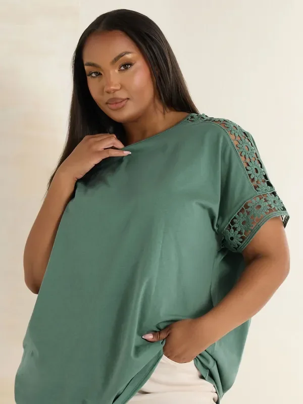 Yours Curve Green Boxy Crochet Insert 100% Cotton T-Shirt
