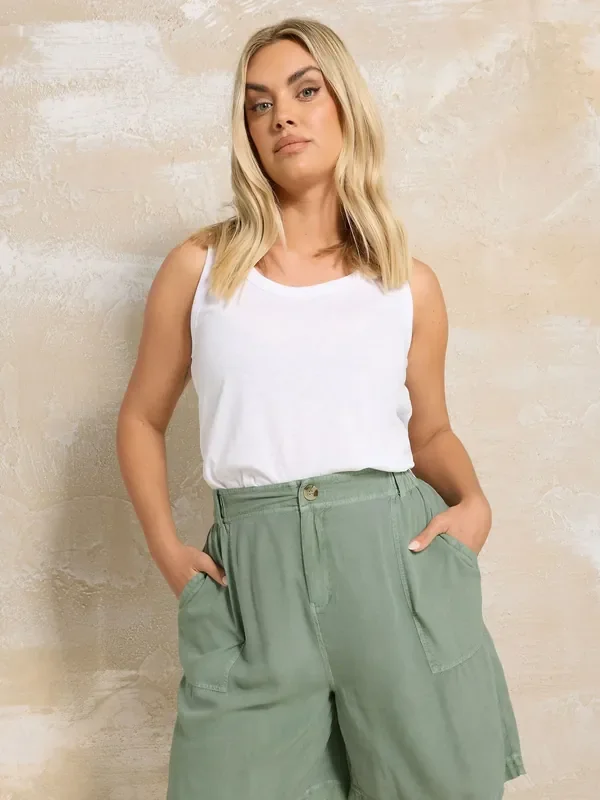 Yours Curve Green Chambray Elastic Waist Shorts