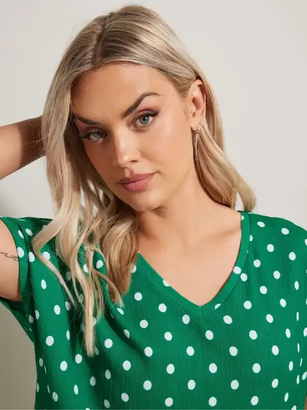 Yours Curve Green Dot Pleated Front Top