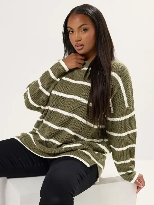 Yours Curve Green Drop Shoulder Stripe Jumper