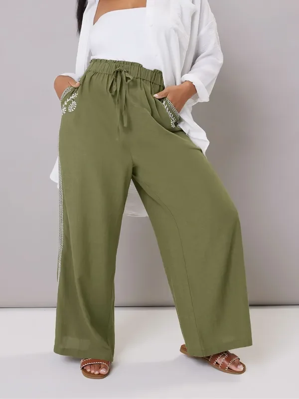 Yours Curve Green Embroidery Wide Leg Trousers