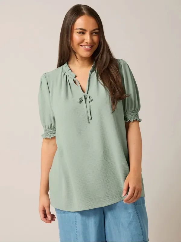 Yours Curve Green Frill Collar Tie Blouse