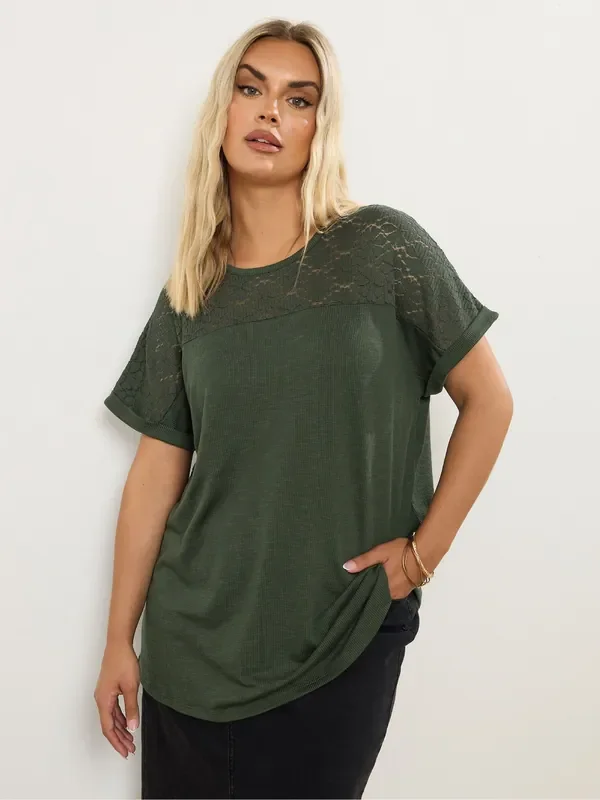 Yours Curve Green Lace Yolk Slub T-Shirt