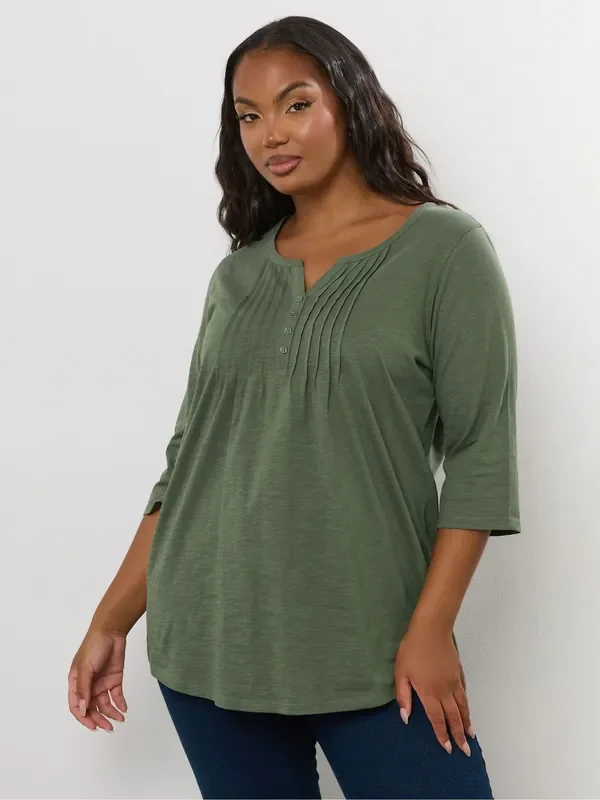Yours Curve Green Pintuck Henley Top