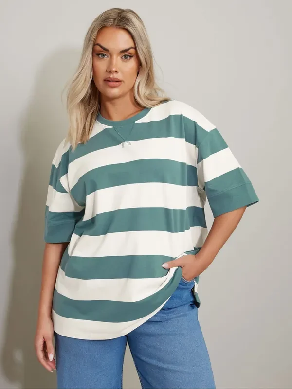 Yours Curve Green Striped Ribbed 100% Cotton T-Shirt
