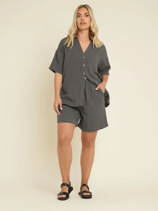 Yours Curve Grey Cheesecloth Co-Ord Shorts