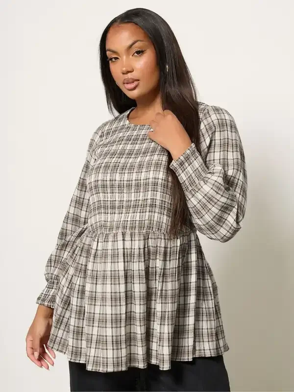 Yours Curve Grey Shirred Textured Check Top