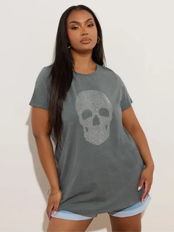 Yours Curve Grey Skull Diamante T-Shirt