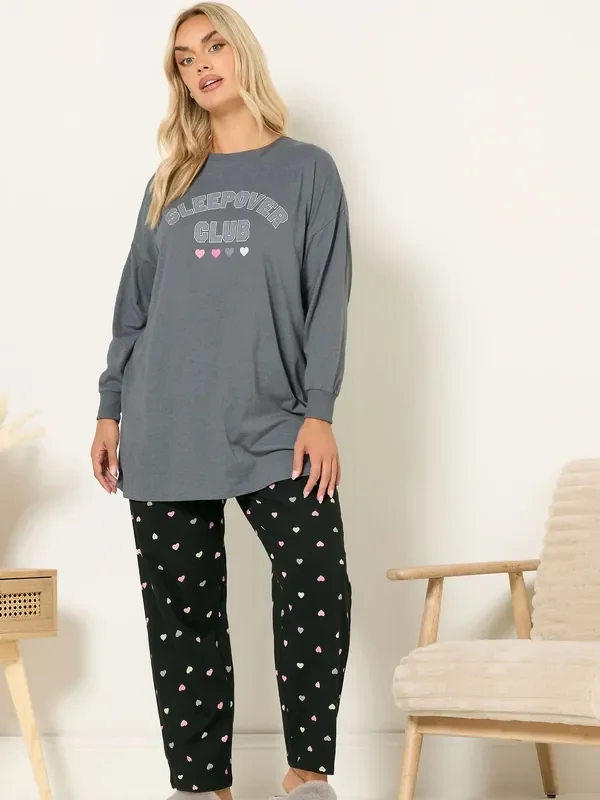 Yours Curve Grey Sleepover Club Long Sleeve Wide Leg Pyjamas Set
