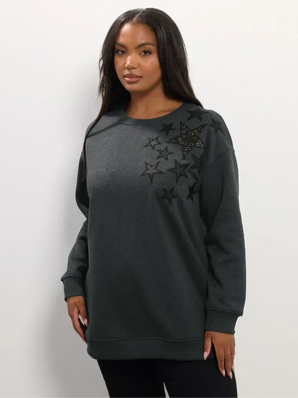 Yours Curve Grey Star Eyelet Sweatshirt