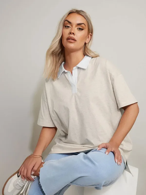Yours Curve Natural Rugby Contrast Collar Boxy 100% Cotton Polo shirt