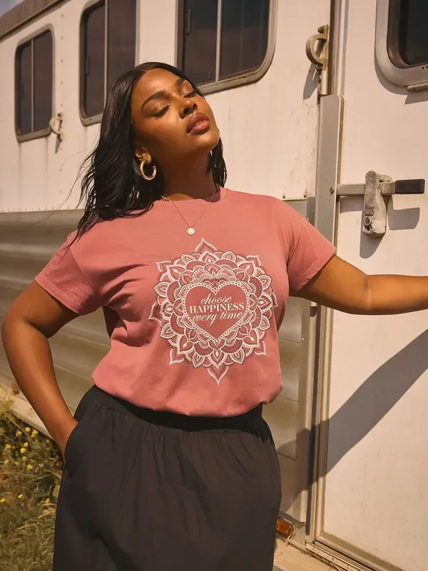 Yours Curve Orange Happiness Placement T-Shirt