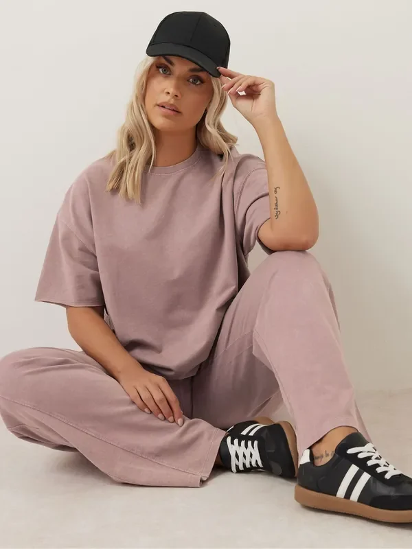 Yours Curve Pink 100% Cotton Acid Wash Wide Leg Joggers