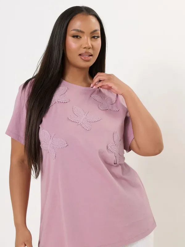 Yours Curve Pink Applique 100% Cotton T-Shirt
