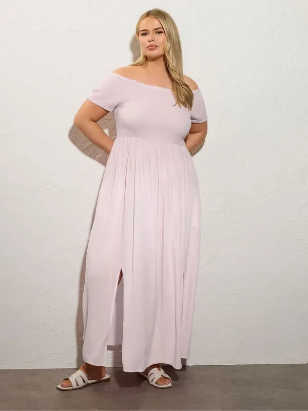 Yours Curve Pink Shirred Bardot Maxi Dress
