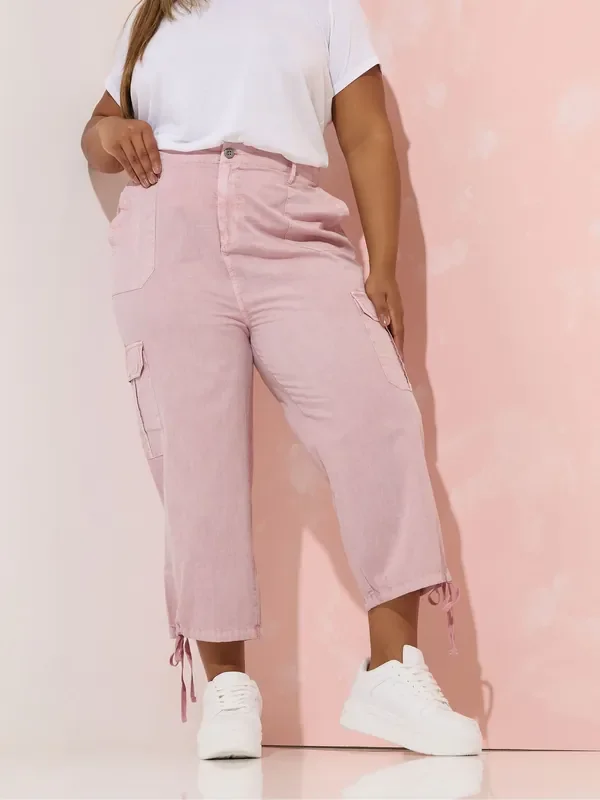 Yours Curve Pink Woven Cargo Cropped 100% Cotton Trousers