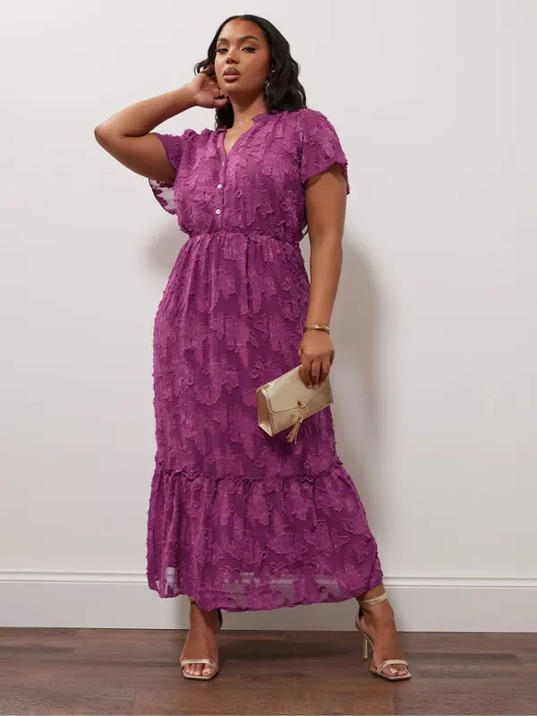 Yours Curve Purple London Floral Burn Out Jacquard Dress